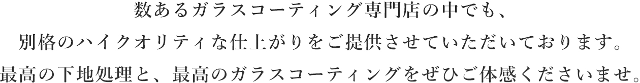 数あるガラスコーティング専門店の中でも、別格のハイクオリティな仕上がりをご提供させていただいております。最高の下地処理と、最高のガラスコーティングをぜひご体感くださいませ。